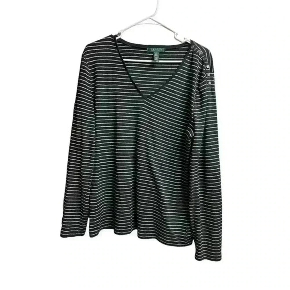 Lauren by Ralph Lauren Tops - Lauren Ralph Lauren Blouse Black Silver Striped Metallic Button Knit Top Size XL